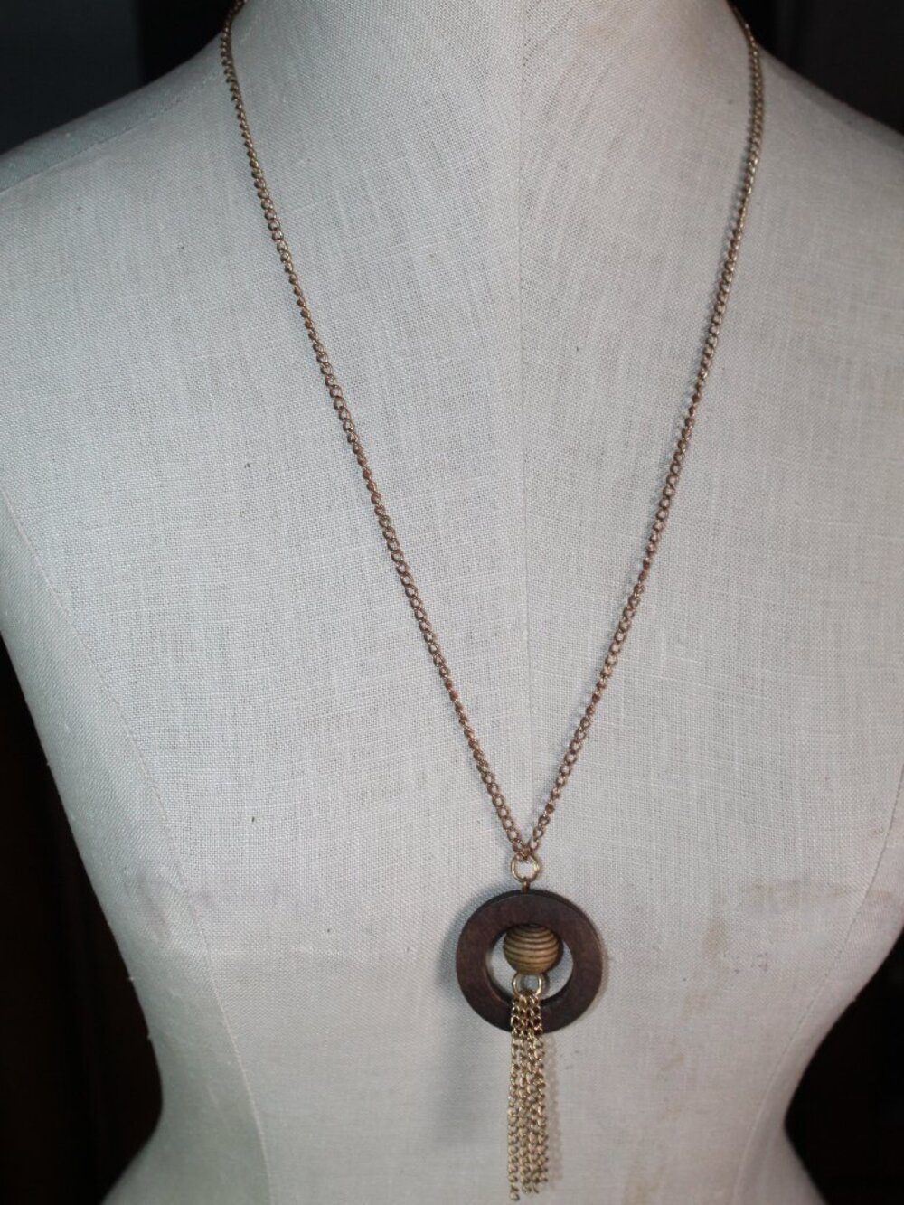 Gold-Tone 28" Chain Necklace with Wooden Circle Round Bead Tassel Pendant